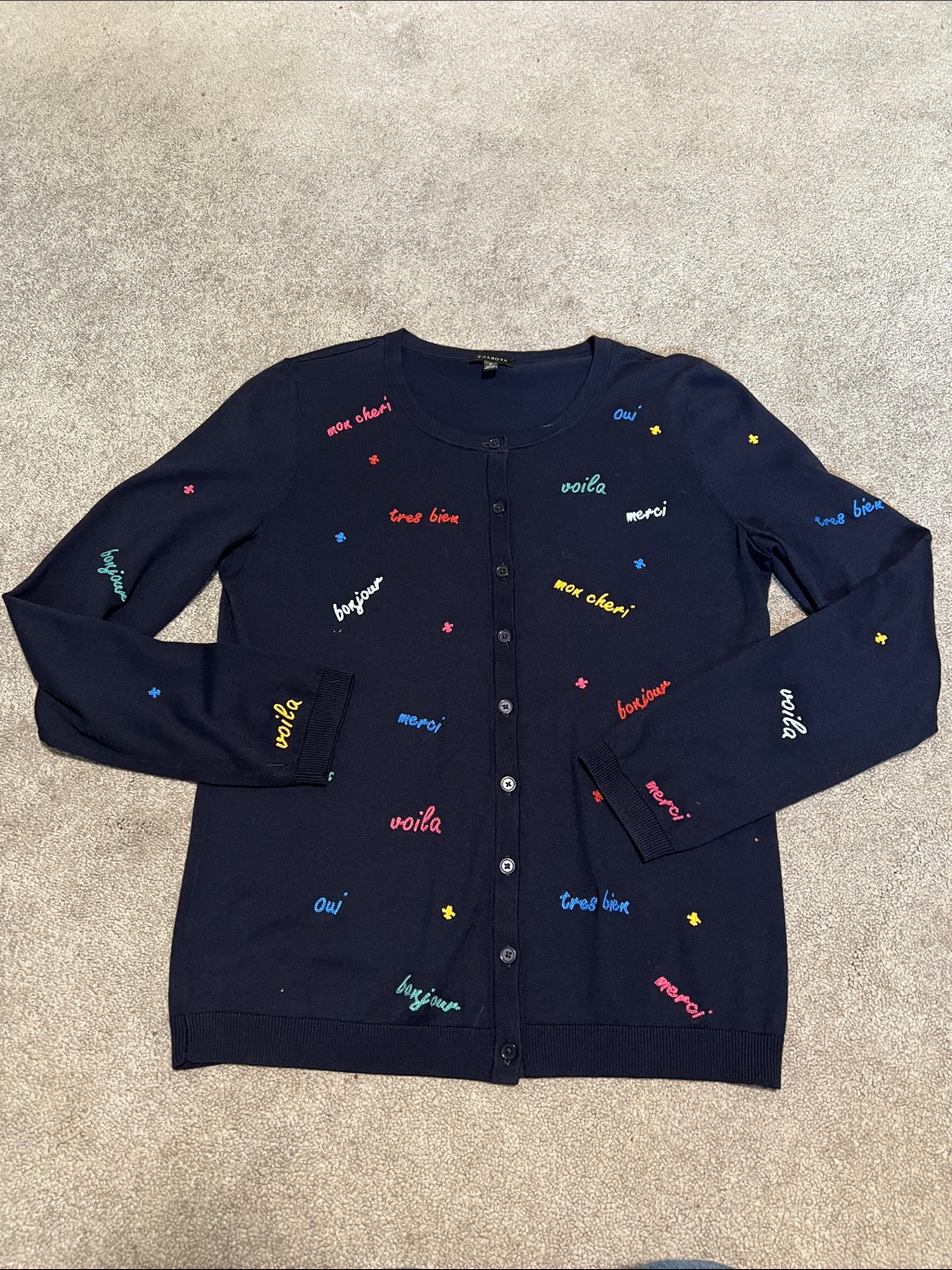 Talbots Cardigan With Embroidered French Words Size Small